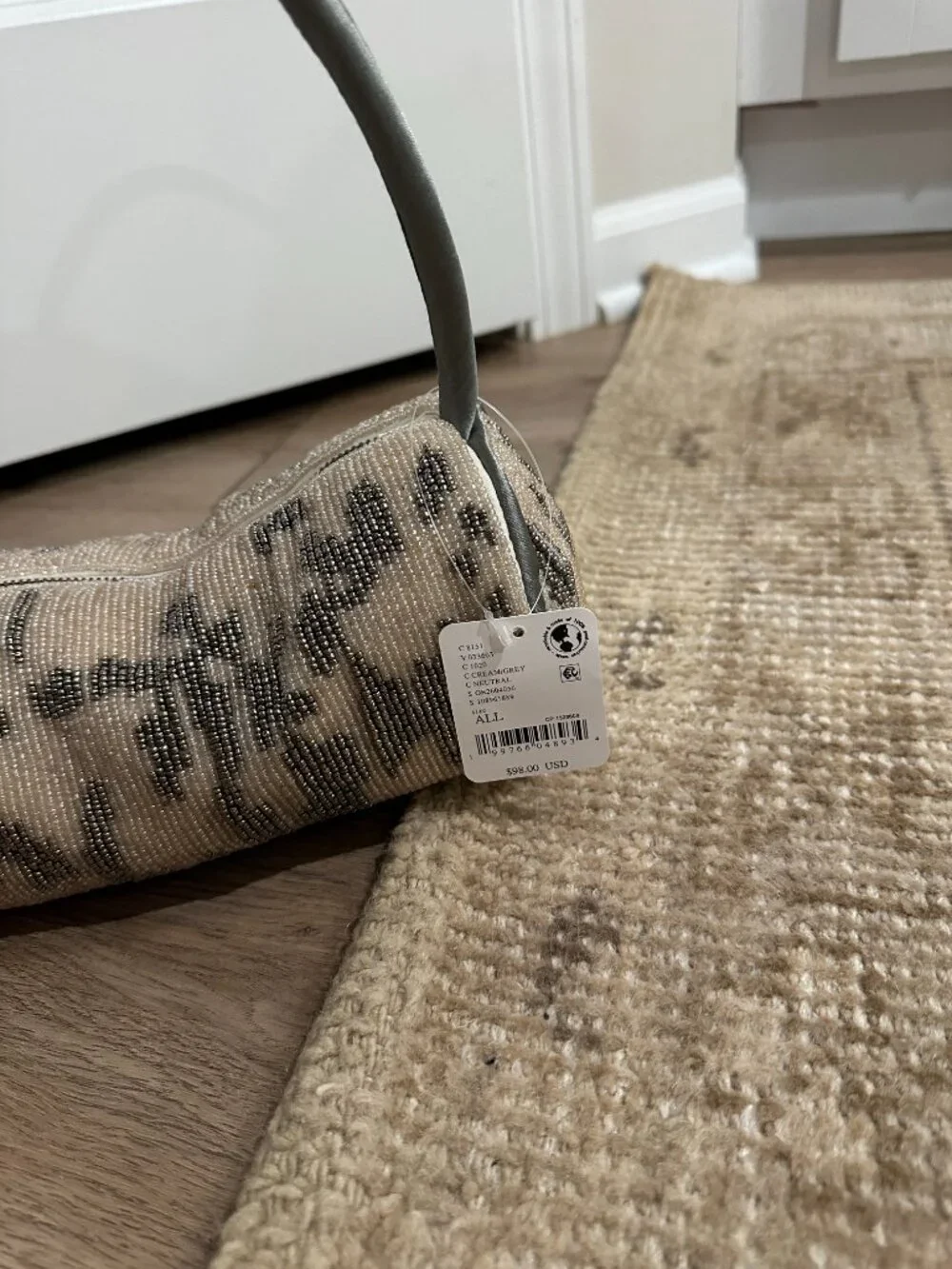 FREE PEOPLE Bailey Beaded Barrel Bag in Cream / Grey NWT